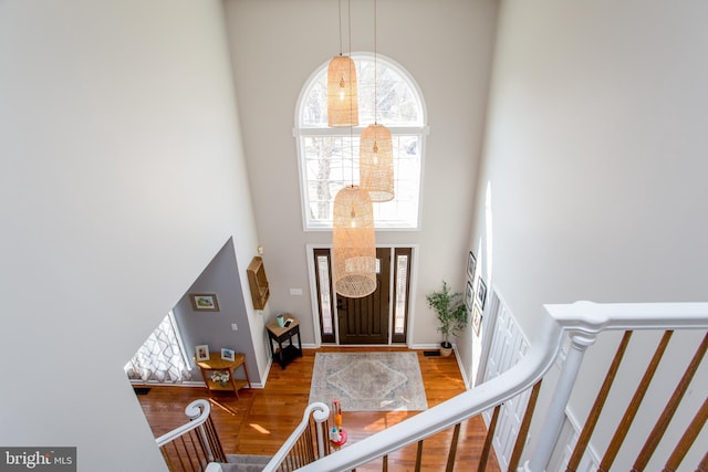 entrance foyer featuring a high ceiling, baseboards, and wood finished floors