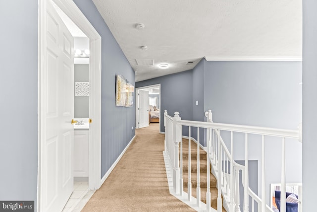 hallway with carpet flooring, an upstairs landing, baseboards, and a textured ceiling