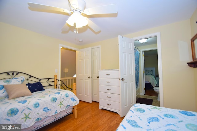 bedroom with a closet, ceiling fan, and light wood finished floors