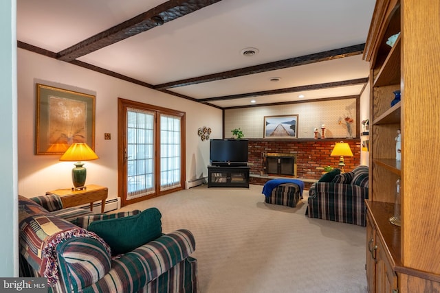 carpeted living room with beam ceiling, visible vents, a fireplace, and a baseboard heating unit