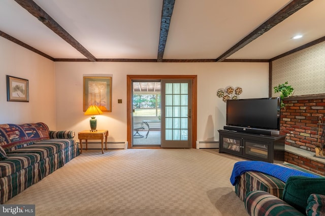 carpeted living area with beam ceiling and baseboard heating