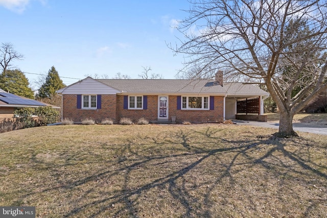 single story home featuring driveway, a chimney, a carport, a front lawn, and brick siding