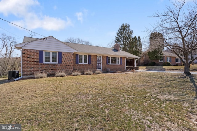 single story home with a front lawn, central air condition unit, brick siding, and a chimney