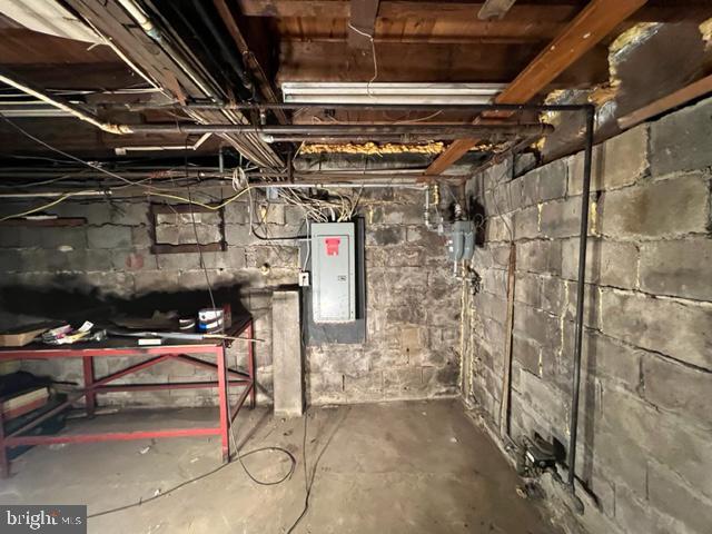 unfinished basement with electric panel