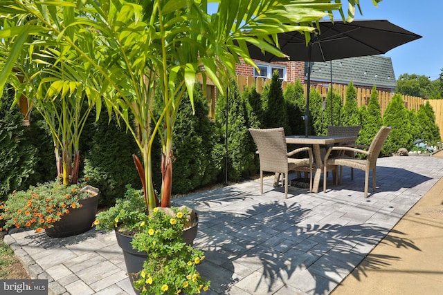 view of patio with outdoor dining space and fence