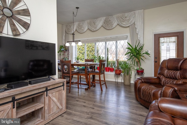 living area with a wealth of natural light, baseboards, and wood finished floors