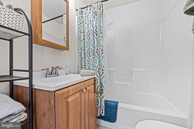 bathroom with vanity and shower / bath combo with shower curtain