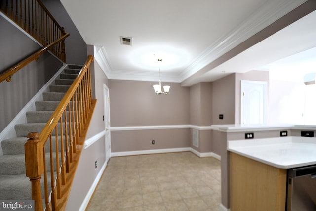 kitchen with baseboards, visible vents, ornamental molding, dishwasher, and a notable chandelier