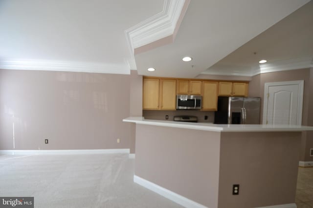 kitchen featuring crown molding, recessed lighting, light brown cabinets, and stainless steel appliances