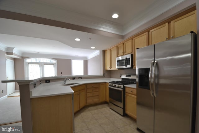 kitchen featuring ornamental molding, a sink, recessed lighting, appliances with stainless steel finishes, and a peninsula