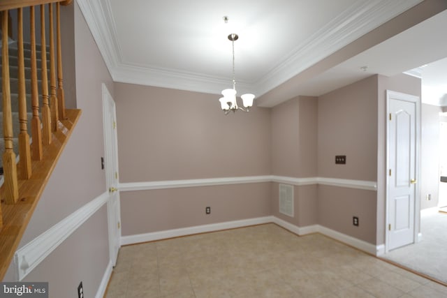 unfurnished dining area featuring stairway, baseboards, visible vents, and ornamental molding