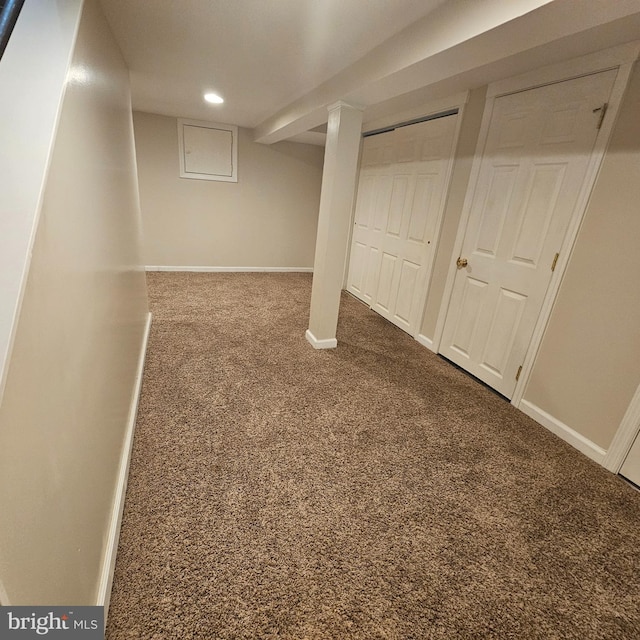 finished basement with recessed lighting, baseboards, and carpet floors