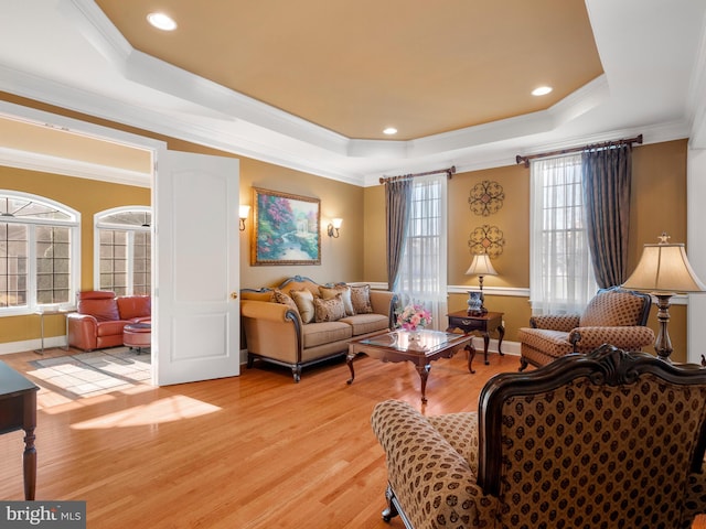 living area featuring a raised ceiling, crown molding, and light wood finished floors