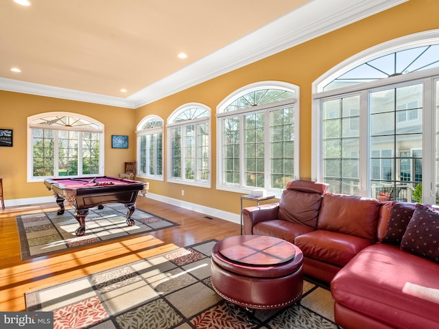 rec room with pool table, baseboards, ornamental molding, recessed lighting, and wood finished floors