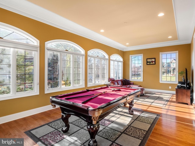 game room with billiards, wood finished floors, baseboards, and a wealth of natural light