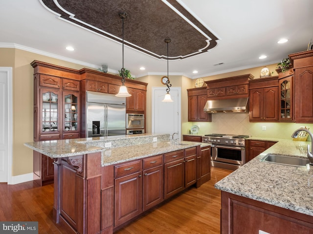 kitchen with under cabinet range hood, premium appliances, a kitchen island with sink, and a sink