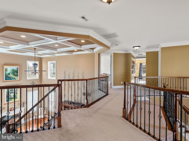 hall with recessed lighting, an upstairs landing, and coffered ceiling