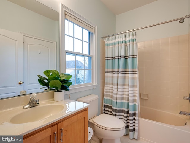 full bathroom with shower / bathtub combination with curtain, toilet, and vanity