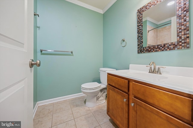 full bath featuring tile patterned floors, toilet, crown molding, baseboards, and vanity