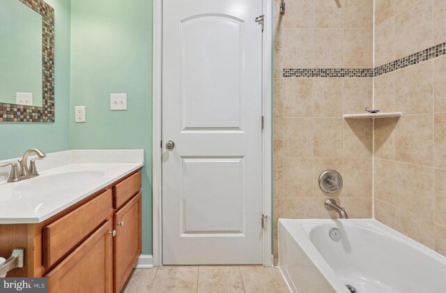 bathroom with tile patterned floors, vanity, and  shower combination