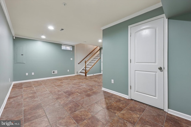 finished basement featuring stairs, crown molding, recessed lighting, and baseboards