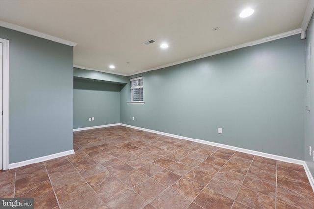 basement featuring recessed lighting, baseboards, and crown molding