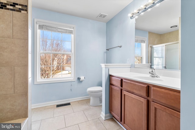 bathroom featuring tile patterned floors, visible vents, toilet, and a shower stall