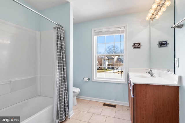 full bath featuring tile patterned flooring, visible vents, baseboards, toilet, and vanity