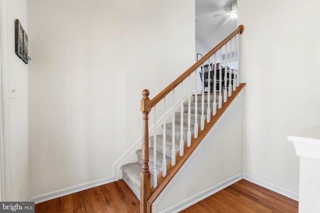 stairs with wood finished floors and baseboards