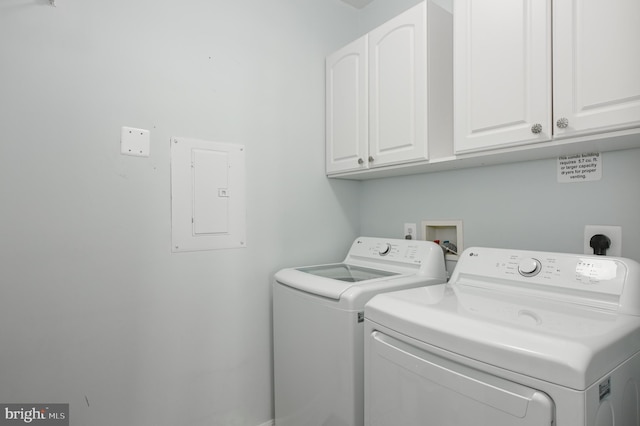 washroom with electric panel, cabinet space, and washing machine and clothes dryer