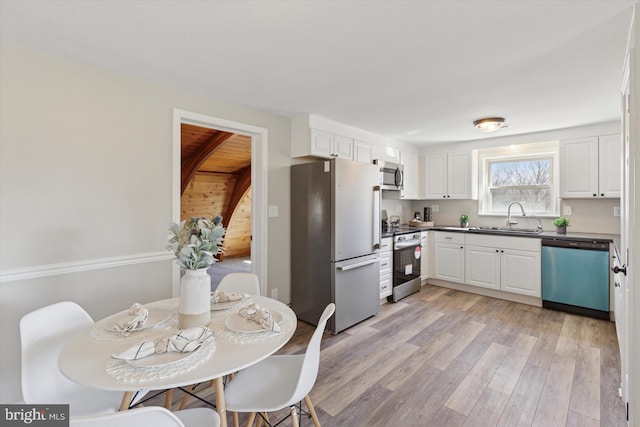 kitchen featuring light wood finished floors, a sink, stainless steel appliances, white cabinetry, and dark countertops