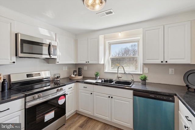 kitchen featuring visible vents, a sink, dark countertops, stainless steel appliances, and white cabinets