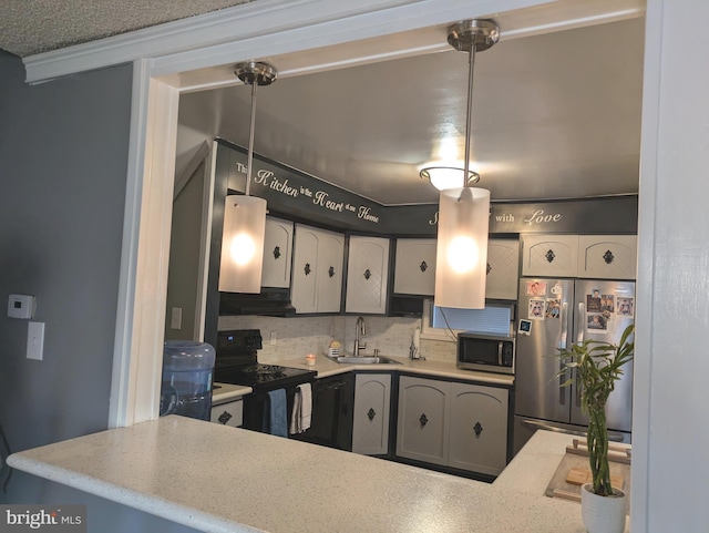 kitchen with a sink, stainless steel appliances, light countertops, under cabinet range hood, and backsplash