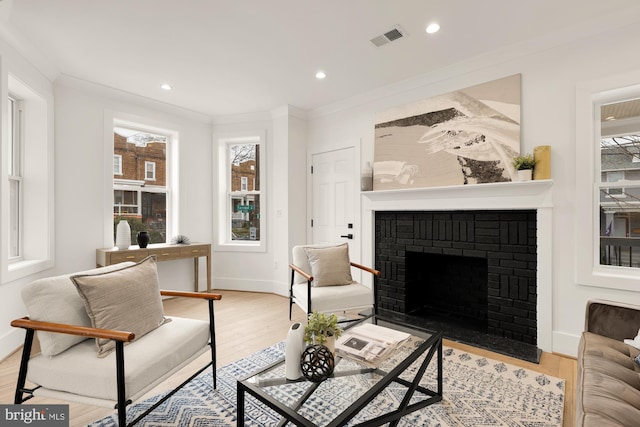 living room featuring a fireplace, crown molding, plenty of natural light, and wood finished floors