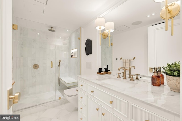 full bathroom featuring vanity, toilet, marble finish floor, and a marble finish shower