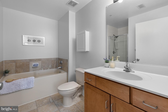 full bathroom with visible vents, a stall shower, toilet, and a garden tub