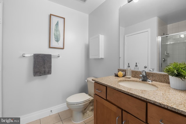 bathroom with tile patterned flooring, a shower stall, baseboards, toilet, and vanity