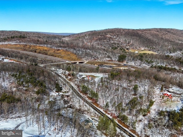 snowy aerial view with a mountain view