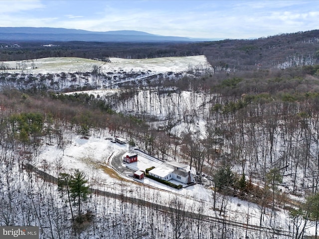 snowy aerial view featuring a mountain view