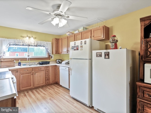 kitchen featuring a sink, light wood-type flooring, white appliances, and light countertops