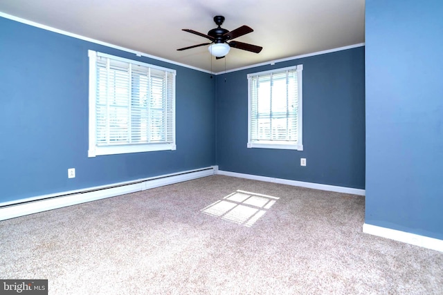 empty room featuring a ceiling fan, baseboards, a baseboard radiator, ornamental molding, and carpet flooring