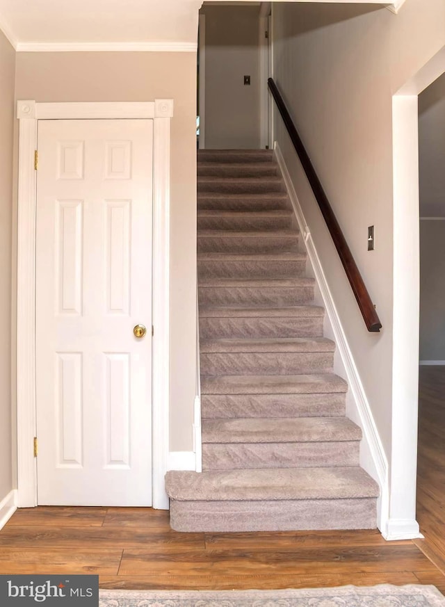 stairs featuring crown molding, baseboards, and wood finished floors