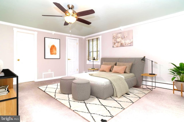 bedroom featuring baseboard heating, ornamental molding, ceiling fan, and carpet floors