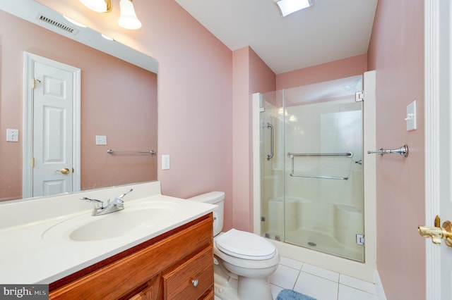 full bathroom with vanity, visible vents, a shower stall, tile patterned floors, and toilet