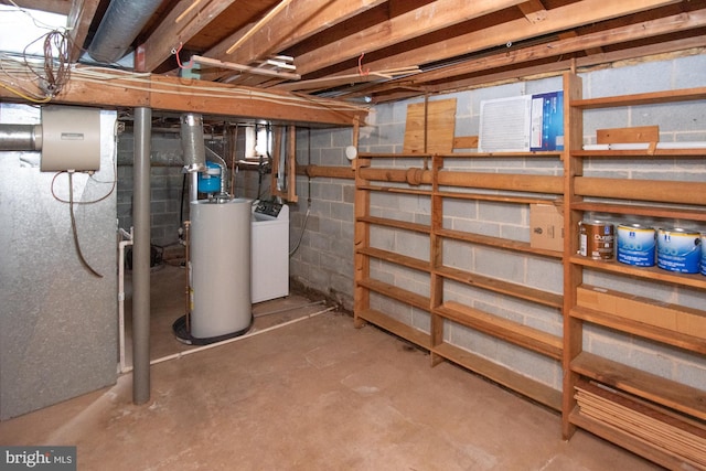 unfinished below grade area with washer / clothes dryer and water heater