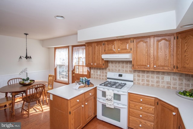 kitchen featuring a wainscoted wall, under cabinet range hood, double oven range, a peninsula, and light countertops