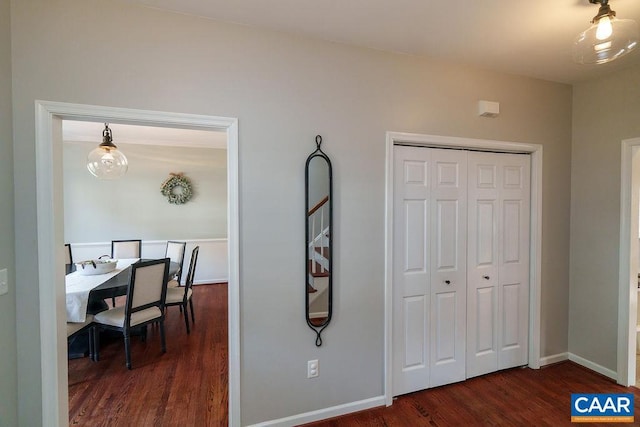 interior space with dark wood finished floors, a closet, and baseboards