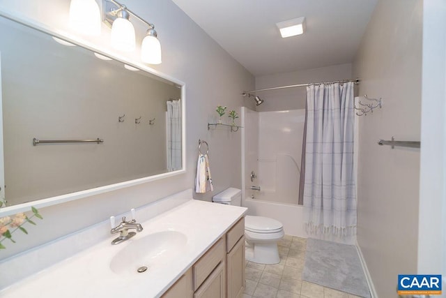 full bath with toilet, shower / tub combo with curtain, and vanity