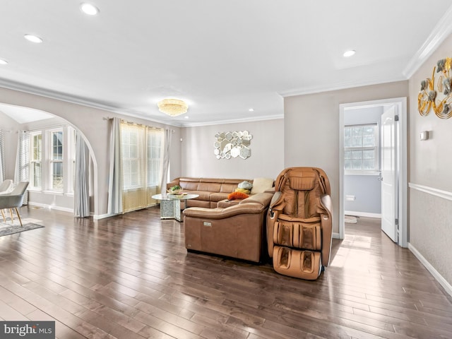 living room with hardwood / wood-style flooring, plenty of natural light, crown molding, and arched walkways