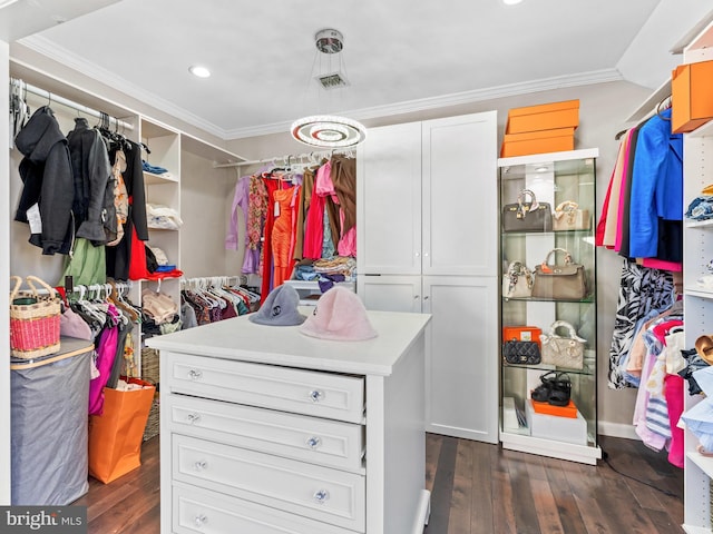 walk in closet with vaulted ceiling, dark wood-style floors, and visible vents